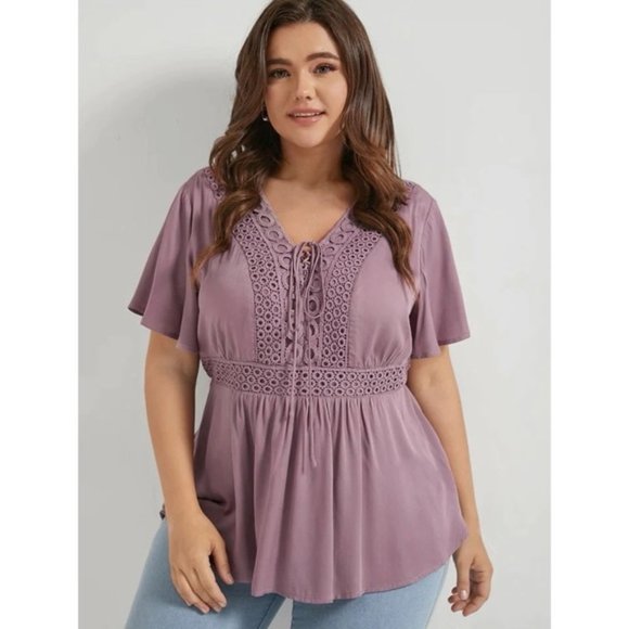 Bloomchic Tops - Bloomchic Lace Up Detail Flutter Sleeve Blouse Mauve